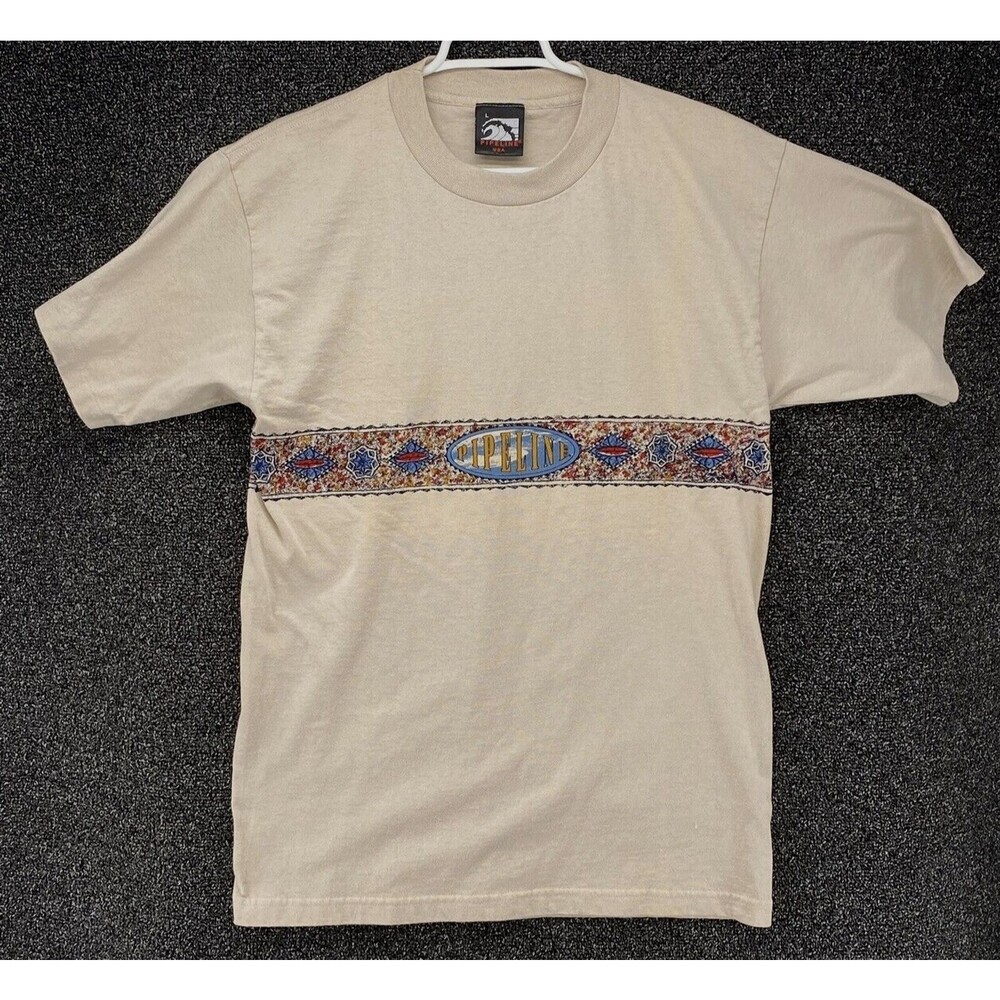 Vintage Pipeline USA Surf T-Shirt Mens Large L Beige Single Stitch Made in USA